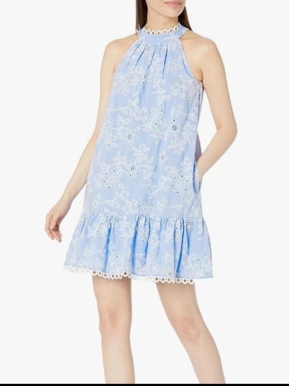 Eliza J Women's Floral Embroidered Light Blue Trapeze Eyelet Halter Dress